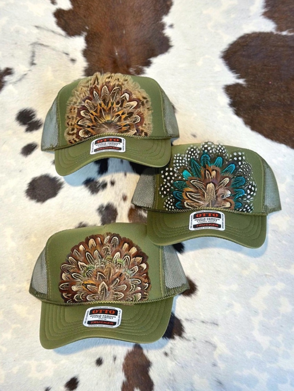 OTTO Brown and Cream Trucker Cap with Feather & Brass Shell Accent - Picture 5 of 5